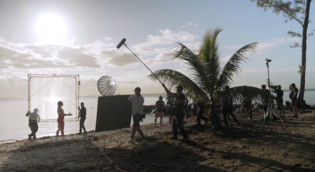 CSP Media Group's behind-the-scenes video of Peloton's scenic content showing Camila surrounded by large crew.